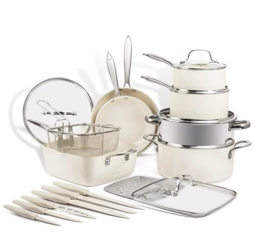 Gotham Steel 20 Pc Pots and Pans Set Non Stick Cookware Set, Pot and Pan Set, Kitchen Cookware Sets, Non Toxic Ceramic Cookware Set, Nonstick Cookware Set, Lightweight, Dishwasher Safe, Cream White - CookCave