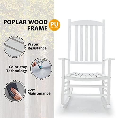 Hupmad Wooden Rocking Chair Rocker Outdoor Oversized Porch Rocker Chair,Patio Wooden Rocker with High Back and Armrest,All Weather Rocker Slatted for Backyard,Garden,400 lbs Support,White - CookCave