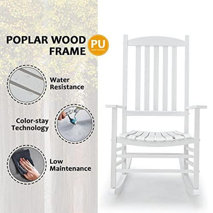 Hupmad Wooden Rocking Chair Rocker Outdoor Oversized Porch Rocker Chair,Patio Wooden Rocker with High Back and Armrest,All Weather Rocker Slatted for Backyard,Garden,400 lbs Support,White - CookCave