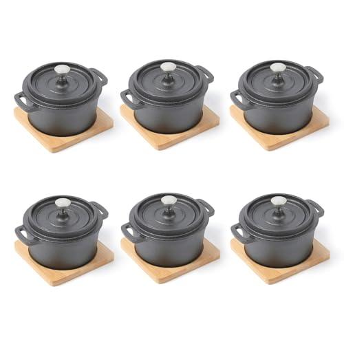 HAWOK Cast Iron Mini Round Cocotte Set, 0.3QT Mini Dutch Ovens with Lids and Bamboo Trays, 270ml/9.13oz/1.08cups, Set of 6, Black - CookCave