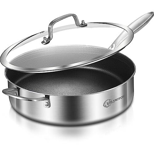 LOLYKITCH 6 QT Tri-Ply Stainless Steel Non-stick Sauté Pan with Lid,12 Inch Deep Frying pan,Large Skillet,Jumbo Cooker,Induction Pan,Dishwasher and Oven Safe.(Removable Handle) - CookCave