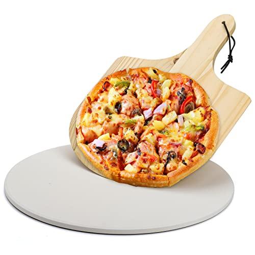 ZENFUN 15'' Round Pizza Stone with Wooden Pizza Paddle, Cordierite Pizza Stone Board for Grill, BBQ, Oven Safe, Baking, Pies, Pastry Bread, Thermal Shock Resistant - CookCave