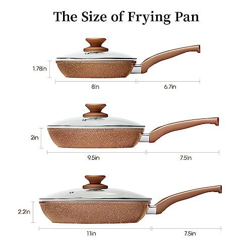 Frying Pan Set with Lids - Nonstick Frying Pan Set 3 Pcs, Non Stick Granite Cookware Set, Induction Skillet Set Egg Omelette Frying Pan W/Lid, Healthy No Toxic Cookware, Pan Set for Cooking, PFOA Free - CookCave