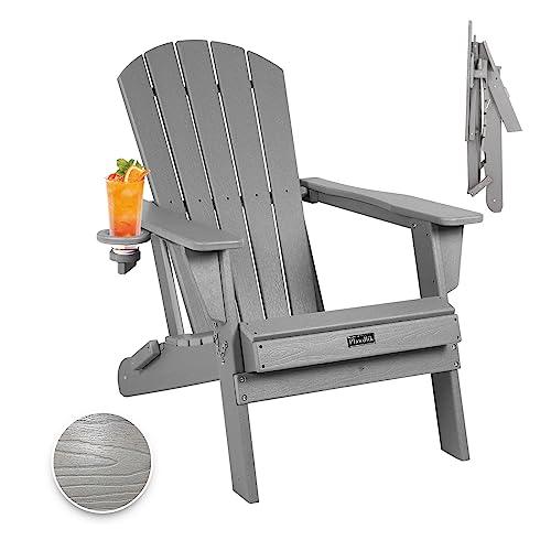 Plawdlik Folding Adirondack Chair, SGS Tested, Wooden Textured with Cup Holder, Heavy All-Weather HDPE Comfortable Set Poolside Backyard Lawn Grey - CookCave