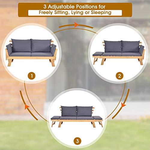 Tangkula Acacia Wood Patio Convertible Couch Sofa Bed with Adjustable Armrest, Outdoor Daybed with Cushion & Pillow, Folding Chaise Lounge Bench Ideal for Porch Courtyard Poolside (Dark Grey) - CookCave