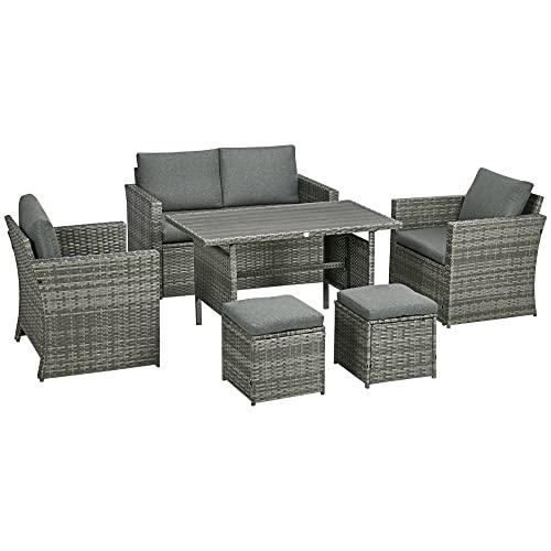 Outsunny 6 Pieces Patio Dining Set, PE Rattan Furniture Set with 2 Chairs Cushions & Outdoor Loveseat Sofa, Woodgrain Slatted Dinner Table, Mixed Gray - CookCave