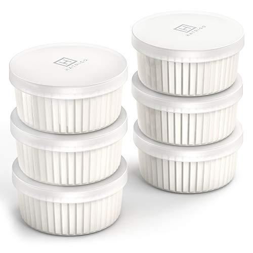 Hatrigo Porcelain Ramekins with Silicone Storage Lids, Set of 6 White Ramekins, Ramekins 4 oz Oven Safe, 450 deg F, Dishwasher Safe - CookCave