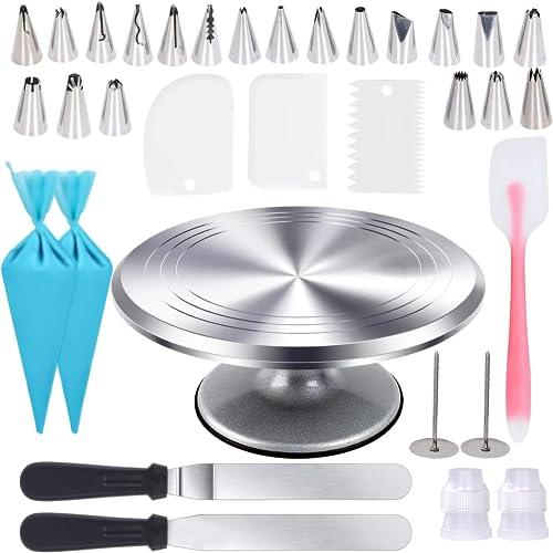 Uten 12 Inch Cake Turntable Cake Decorating Supplies Kit, 33 pcs Rotating Aluminium Cake Stand Set, Baking Tools with 20 Icing Tips, Bags, 3 Icing Smoother, Straight & Offset Spatula, Silicone Spatula - CookCave