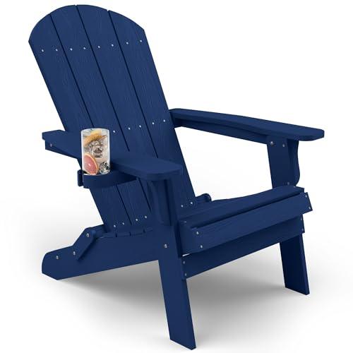 YEFU Adirondack Chair, Oversized Plastic Adirondack Chair Folding Outdoor Chairs with Cup Holder, Lawn Chair with Weather Resistant for Outside Deck Lawn, Weight Capacity Up to 400 Lbs –Dark Navy - CookCave