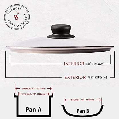 8 Inch Glass Lid for Frying Pan, Fry Pan Lid, Skillet Lid, Pan Lid with Handle, Compatible with 8" Lodge - Fully Assembled Tempered Replacement Cover, 8"/20cm, Clear - CookCave