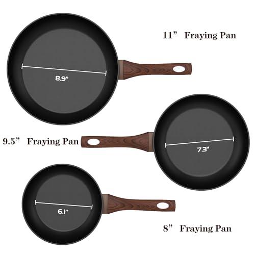 Aufranc Nonstick Frying Pan Set, 3pcs Non Stick Fry Pan - 8 Inches, 9.5 Inches and 11 Inches Induction Skillets Compatible with All Cooktops, Non-stick Cooking Pan with Stay Cool Handle (Black) - CookCave