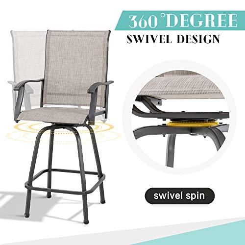 Vongrasig 3 Piece Patio Swivel Bar Set, All Weather Mental Textilene High Swivel Stools Chair Set of 2 and High Glass Bar Table, Outdoor High Top Bistro Set for Lawn Garden, Balcony, Taupe - CookCave