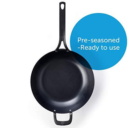 BK Pre-Seasoned Black Steel Carbon Steel Induction Compatible 12" Wok, Oven and Broiler Safe to 660F, Durable and Professional, Black - CookCave