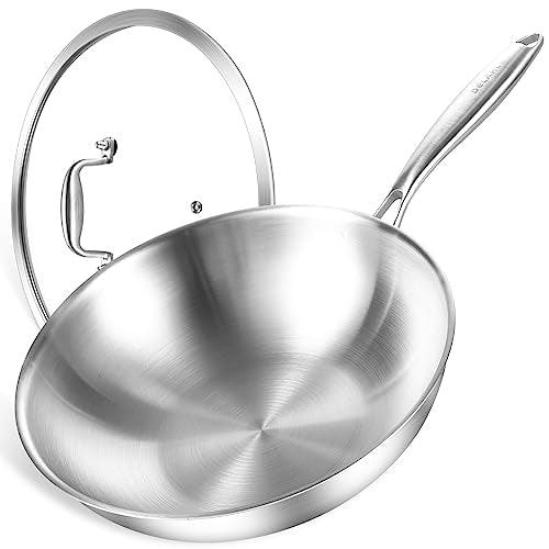 DELARLO Whole body Tri-Ply Stainless Steel 13 inch wok Pan With steel cover, Oven safe induction Stir-Fry Pans skillet - CookCave