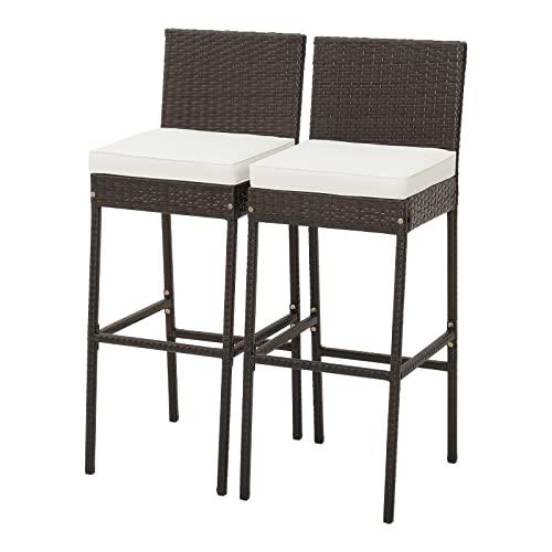 Tangkula Set of 2 Patio Wicker Barstools, Outdoor Bar Height Chair w/Soft Seat Cushion & Cozy Footrest, Heavy-Duty Metal Frame, 400 lbs Max Load, Mix Brown Rattan Bar Chair for Backyard, Balcony - CookCave
