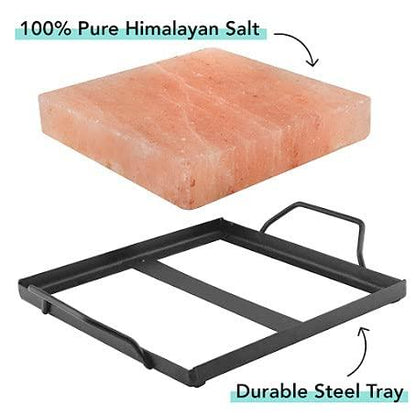 UMAID Himalayan Salt Block Cooking Plate 8x8x1.5 for Cooking, Grilling, Cutting and Serving, Food Grade Rock Salt Stone On Steel Tray with Recipe Pamphlet Unique Gifts for Men, Women, Dads & Cooks - CookCave