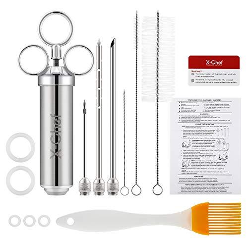 X-Chef Meat Injector Syringe, Stainless Steel Turkey Marinade Injector for Food Flavor BBQ Grill Smoker with 2oz Capacity Barrel 3 Professional Needles, 3 Cleaning Brushes, 5 O-Rings & Silicone Brush - CookCave