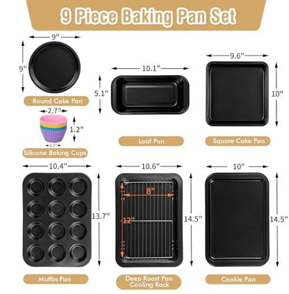 Nonstick Baking Pans Set, 9 Pieces Bakeware Set Stackable for Oven with Non-stick Cookie Sheet, Square/Round Cake Pans, Muffin, Loaf Pan, Baking Tray, Cooling Rack and Oven Mitt - CookCave