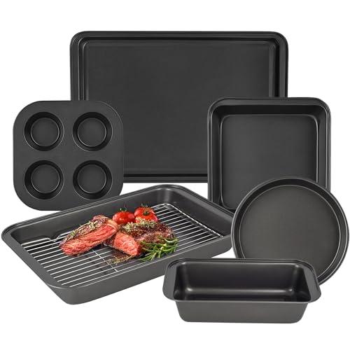 LINKLIFE Baking Pans Set 7-Piece Nonstick Steel, Baking Sheet Set with Rack, Square Cake Pan, Quarter Cookie Sheet, Bread Loaf, Deep Rosating Pan, Pizza Muffin Pans for Air Bake Oven Kitchen - CookCave