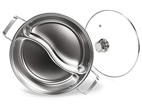 CHRYSLIN Stainless Steel Pot with Divider,Weldless Hot Pot,Two-Flavor Soup Pot Shabu Shabu Pot,Induction Cookware with Toughened Glass Lid,12 inch,4.6-Quart,Silver - CookCave