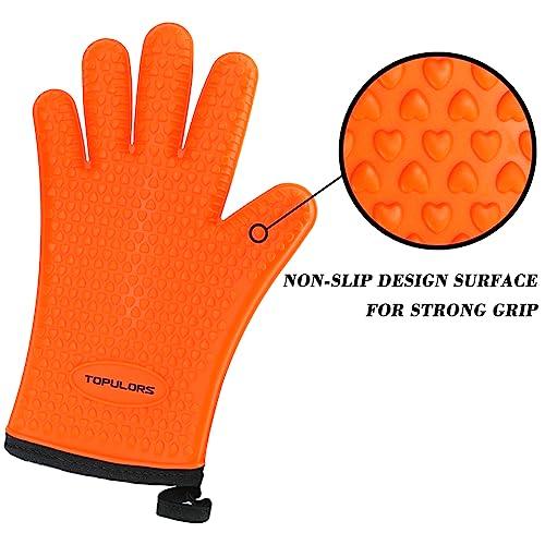 Silicone Gloves Oven Mitts Heat Resistant BBQ Smoker Grill Gloves Handle Hot Food Pulled Pork Gloves for Cooking Baking Grilling Barbecue Potholder Five Finger Gloves with Inner Cotton Layer - Orange - CookCave