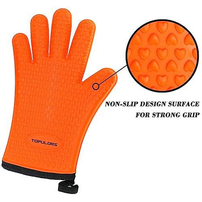 Silicone Gloves Oven Mitts Heat Resistant BBQ Smoker Grill Gloves Handle Hot Food Pulled Pork Gloves for Cooking Baking Grilling Barbecue Potholder Five Finger Gloves with Inner Cotton Layer - Orange - CookCave