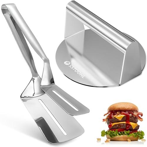 SSTOOHL Smash Burger Press Kit, Burger Smasher for Griddle with Burger Spatula, Griddle Accessories Kit for Flat Griddle, Stainless Steel Hamburger Press & BBQ Tong, Grilling Cooking Gift - CookCave