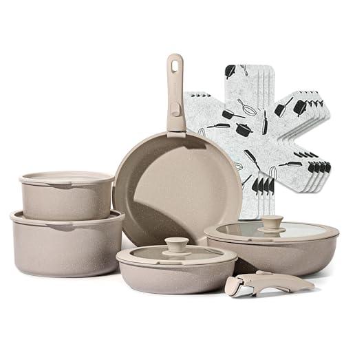 CAROTE 15pcs Pots and Pans Set, Nonstick Cookware Set Detachable Handle, Induction Kitchen Cookware Sets Non Stick with Removable Handle, RV Cookware Set, Oven Safe, Taupe - CookCave