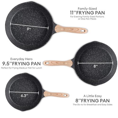 JEETEE Nonstick Pan, Nonstick Stone Frying Pan, Nonstick Omelette Skillet with Soft Touch Handle, 3-Piece Cookware Set Induction Compatible -8 Inch-9.5 Inch-11 Inch, Grey - CookCave