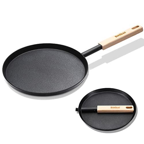 bodkar Frying Pan Skillet 8-inch Flat Crepe Pan, Lightweight Grill Pan with Wooden Handle for Camping Indoor Outdoor Cooking - CookCave