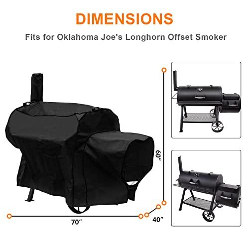 Grisun Grill Cover for Oklahoma Joe's Longhorn Offset Smoker, Anti-UV Waterproof Offset Smoker Cover for Oklahoma Joe's 13201747-50, Heavy-Duty 600 D Polyester, Black (70" L x 60" H x 40" W) - CookCave