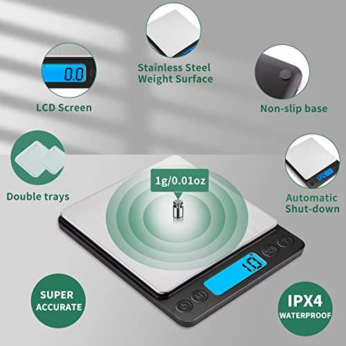 Upgraded Large Size Food Scale for Food Ounces and Grams, YONCON Kitchen Scales Digital Weight for Cooking, Baking, 3kg by 0.1g High Accurate Gram Scale with 2 Tray, Tare Function, LCD Display - CookCave