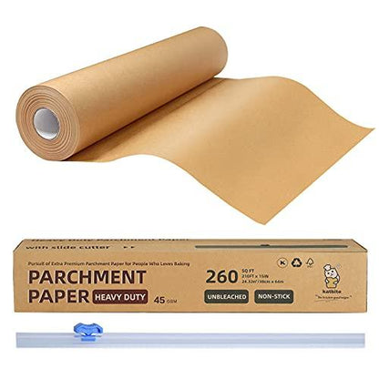 Katbite Unbleached Parchment Paper for Baking, 15 in x 210 ft, 260 Sq.Ft, Heavy Duty Baking Paper with Slide Cutter, Non-stick Brown Parchment Paper Roll for Cooking, Air Fryer, Steaming, Baking Bread - CookCave