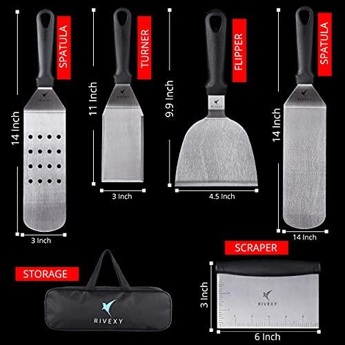 Rivexy 5 Pcs Grill Spatula for Outdoor Grill Premium Quality Metal Spatula for Cast Iron Skillet Durable Flat Top Grill Accessories Great for Outdoor BBQ Teppanyaki and Camping - CookCave