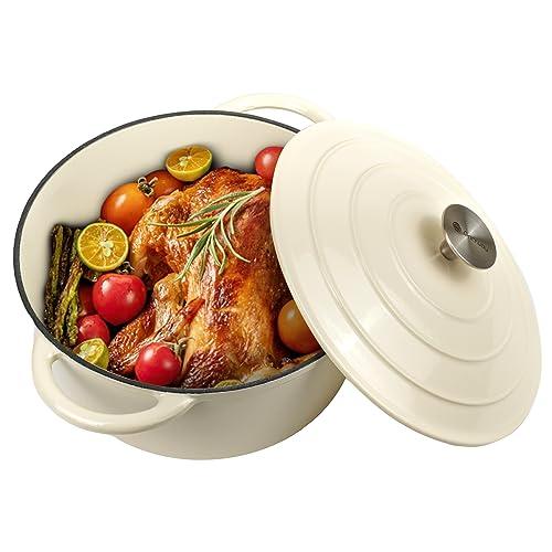 Gacuray 6Qt Enameled Cast Iron Dutch Oven Pot with Lidnd Dual Handles Heavy Duty Non-Stick Cream White - CookCave