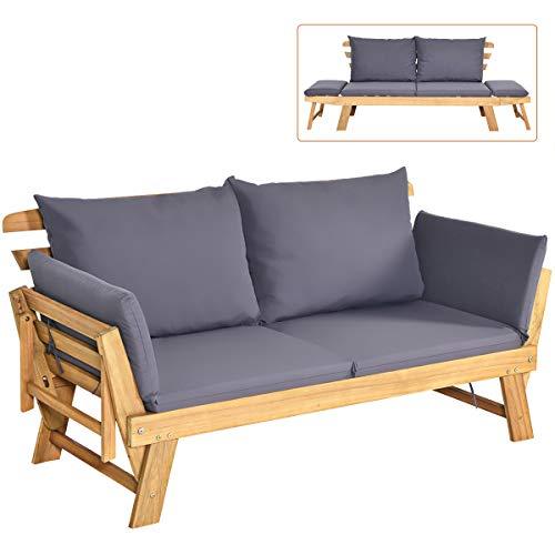 Tangkula Acacia Wood Patio Convertible Couch Sofa Bed with Adjustable Armrest, Outdoor Daybed with Cushion & Pillow, Folding Chaise Lounge Bench Ideal for Porch Courtyard Poolside (Dark Grey) - CookCave