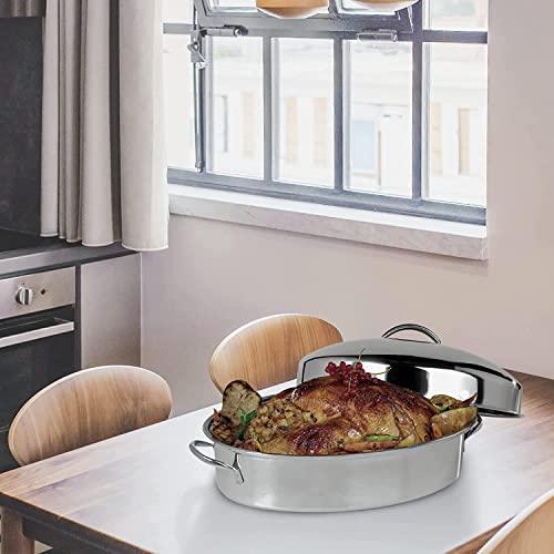 Ovente Kitchen Oval Roasting Pan 16 Inch Stainless Steel Baking Tray with Lid & Rack, Dishwasher Safe Portable Roaster for Oven Cooking Grilling Turkey Chicken at Home or Thanksgiving Silver CWR32161S - CookCave