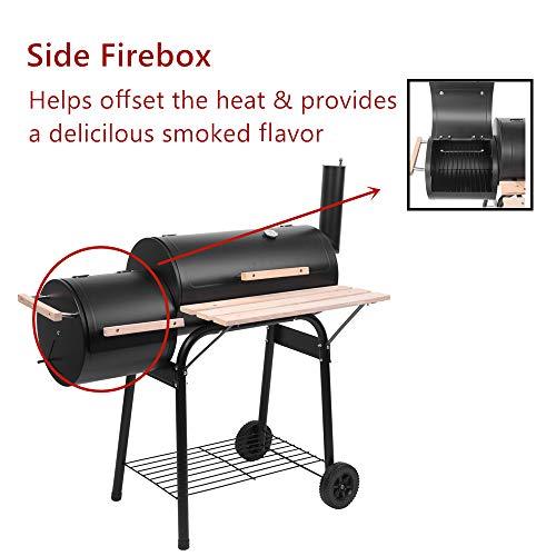 44 Inch Charcoal Grill and Offset Smoker, Portable Backyard Steel BBQ Oven with Wheels, Outdoor Patio Barbecue Cooker with Side Fire Box for Camping, Picnic, Party - CookCave
