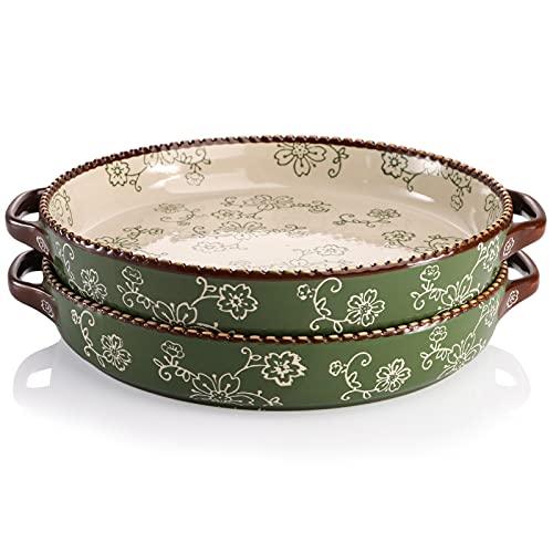 AVLA 2 Pack Ceramic Pie Pan, 9 Inch Round Baking Dish with Double Handle, 28 Ounce Deep Quiche Plate for Kitchen, Cooking, Roasting Lasagna (Sakura, Green) - CookCave