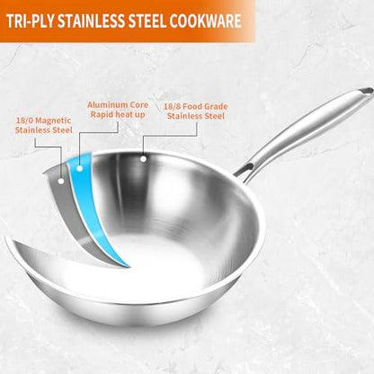 DELARLO Whole body Tri-Ply Stainless Steel 10 inch wok Pan With steel cover, Oven safe induction Stir-Fry Pans skillet,Suitable for All Stove - CookCave