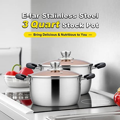 E-far 3 Quart Stock Pot, Stainless Steel Metal Soup Pot with Glass Lid for Cooking, Healthy & Rust Free, Heavy Duty & Dishwasher Safe - CookCave