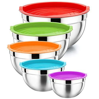 P&P CHEF Mixing Bowl with Lid Set of 5, 10-Piece Stainless Steel Nesting Salad Bowl Set for Prepping, Mixing and Serving, Size 4.6, 3, 1.5, 1, 0.7 QT, Rimmed Edges & Flat Base - CookCave