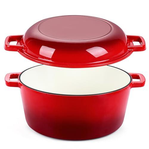 Red Enameled Dutch Oven Pot for Bread Baking, P&P CHEF 2 in 1 Round 5Qt Cast Iron Dutch Oven with Lid Set, Skillet & Pot for Roasting Braising Stewing Frying Simmering, Multi Stoves & Oven Safe - CookCave