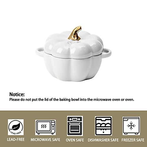 FYUEROPA Pumpkin Bowl Set with Lid and Handle, 14 Oz Ceramic Ramekins for Baking, Casserole Dish Individual Severing Pot, Stoneware, Oven Safe (White) - CookCave