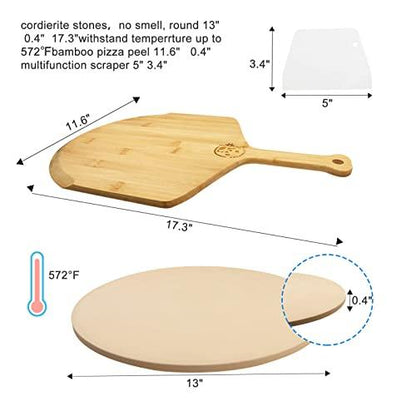 AILUROPODA 13" Round Pizza Stone for Oven and Grill with Bamboo Pizza Paddle, Cleaning Scraper and Recipe Cordierite Baking Stone for Oven Thermal Shock Resistant - CookCave