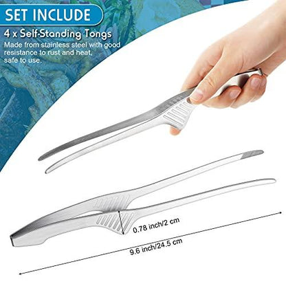 Korean and Japanese BBQ Tongs Self-Standing Grill Tongs Non-Slip Cooking Utensils Stainless Steel Tongs for Serving Food, Salad, Camping, Barbecue, Buffet, Oven with Support Stand (Silver, 4 Pieces) - CookCave