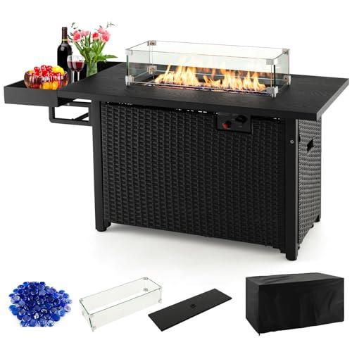 Giantex 52" Outdoor Propane Fire Pit - 50,000 BTU Wicker Patio Gas Fire Table w/Lid, Waterproof Cover, Tempered Glass Wind Guard & Blue Fire Stone, PE Rattan Firepit Table w/Storage Shelf (Black) - CookCave