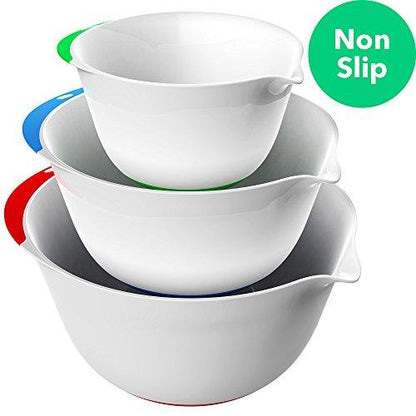 Vremi 3 Piece Plastic Mixing Bowl Set - Nesting Mixing Bowl with Rubber Grip Handles Easy Pour Spout and Non Slip Bottom - Three Sizes Small Large Capacity for Kitchen Baking or Salad - White Multi - CookCave