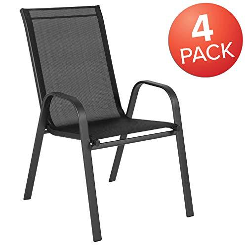 EMMA + OLIVER 4 Pack Black Outdoor Stack Chair with Flex Comfort Material - Patio Stack Chair - CookCave