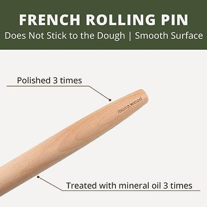 Muso Wood Wooden French Rolling Pin for Baking, Beech Wood Tapered Rolling Pin for Fondant Pie Crust Cookie Pastry(French 15.75-Inch) - CookCave